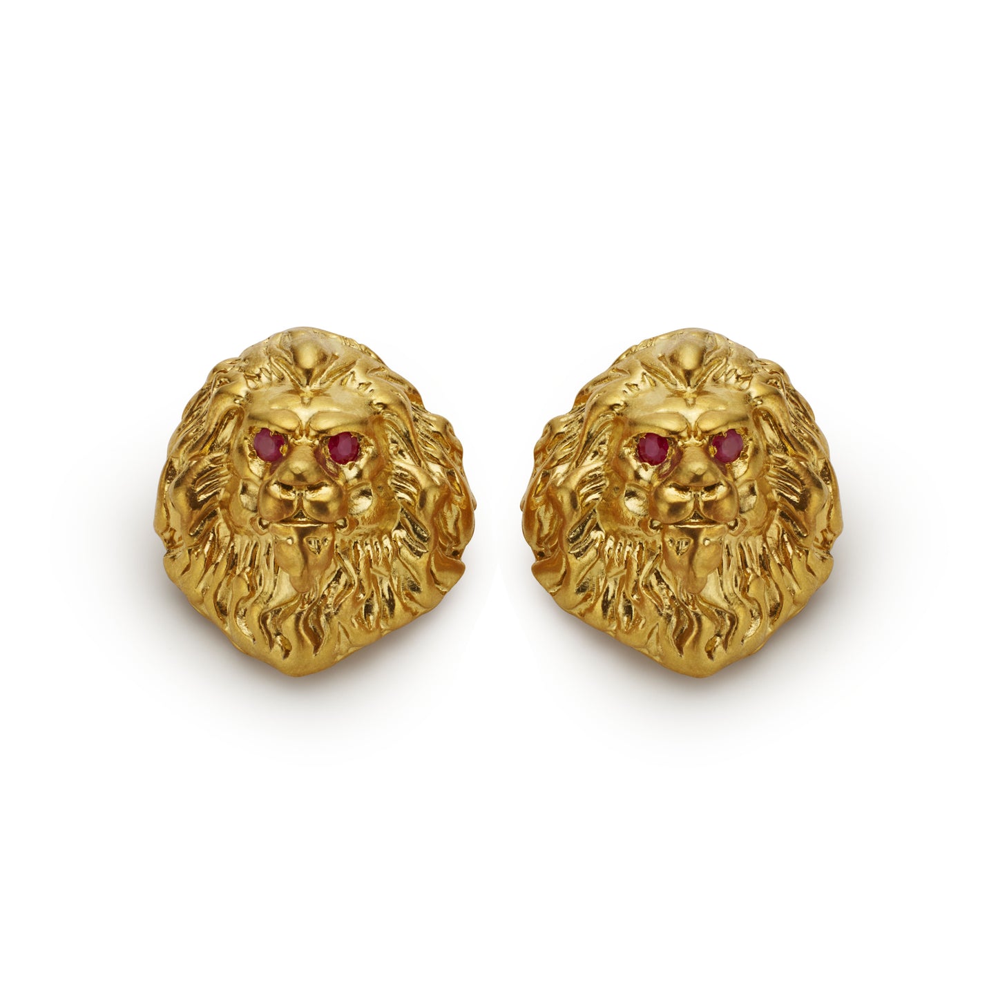 Earrings 925 silver lion head design gold colored with rubies