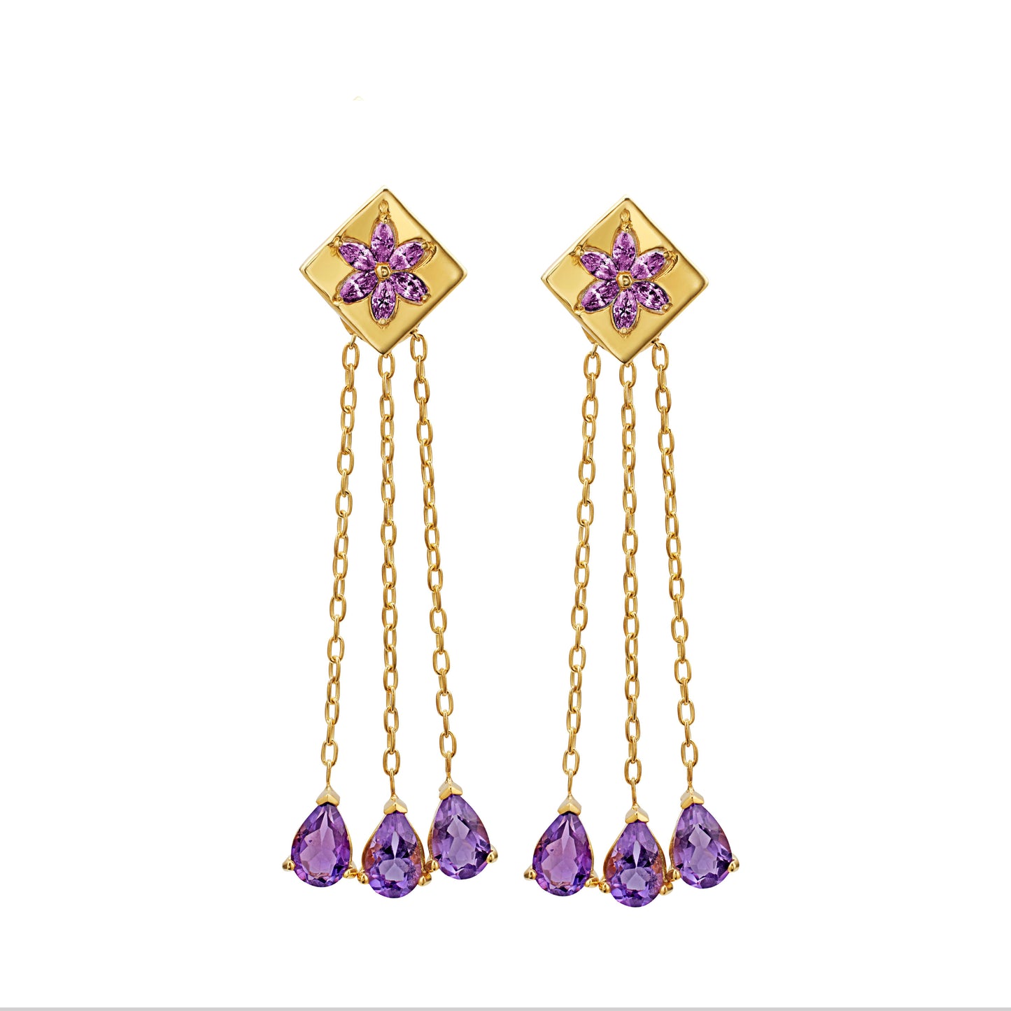 Earrings gold colored 925 silver rhombus design with amethysts and removable chains