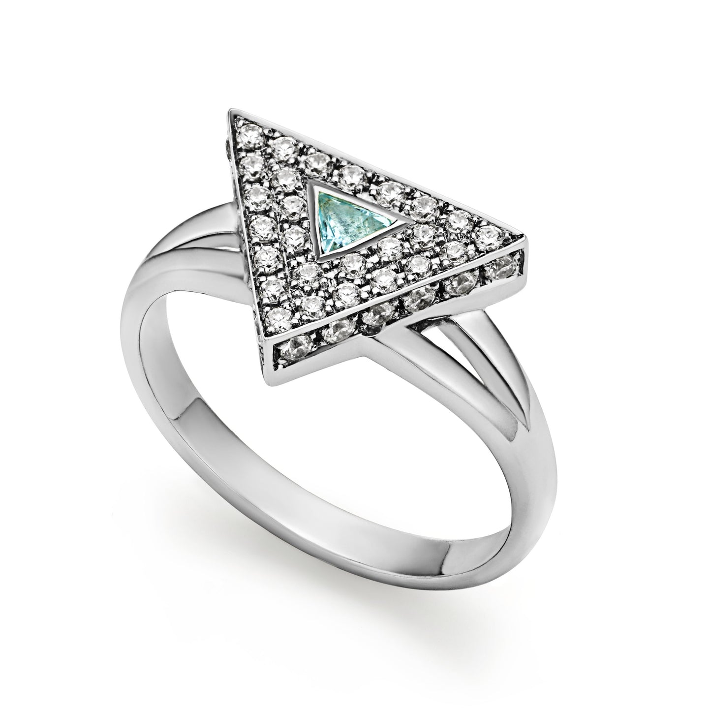 Triangle ring 925 sterling silver Art Deco style with aquamarine and cubic zirconia