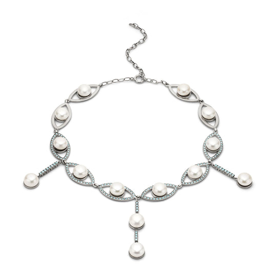 Choker 925 Sterling Silver with Pearls and Aquamarines