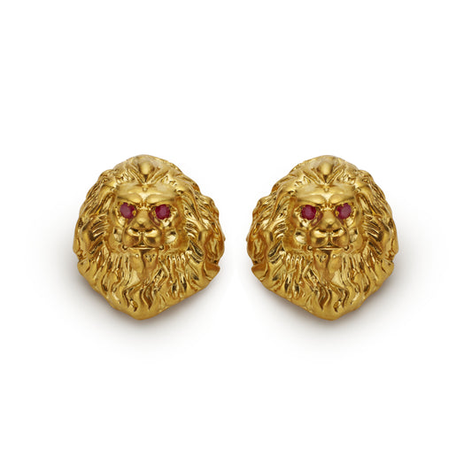 Earrings 925 silver lion head design gold colored with rubies