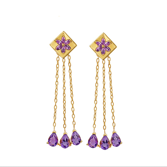Earrings gold colored 925 silver rhombus design with amethysts and removable chains