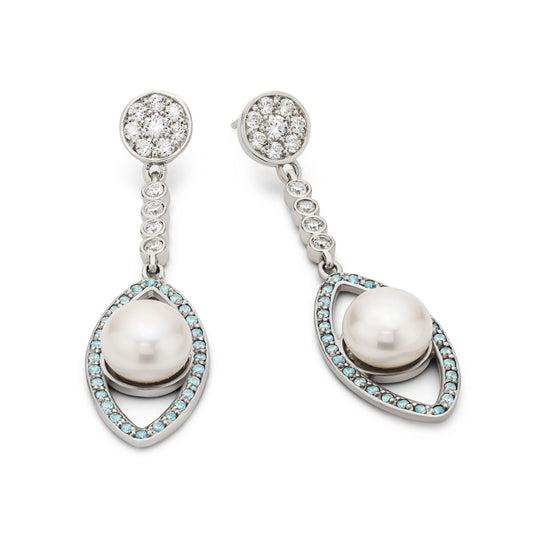 Earrings 925 Sterling Silver Pearls and Aquamarines