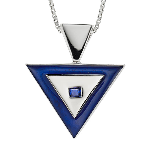 Pendant in 925 sterling silver Deco design with sapphire and Persian blue hot enamel