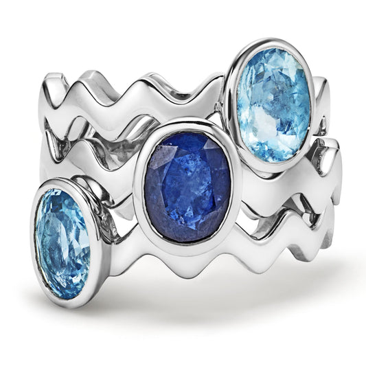Ring Trio 925 Sterling Silver Aquamarines and Sapphire
