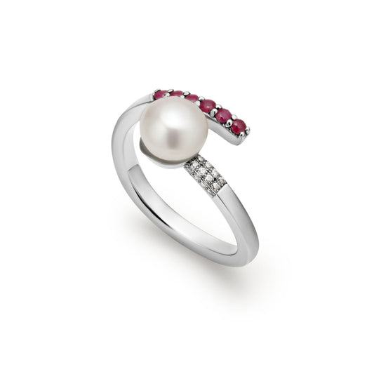Ring 925 Sterling Silver with Pearl and Rubies