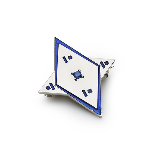 Brooch 925 sterling silver Deco design with sapphire and Persian blue hot enamels